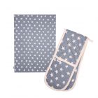 organic cotton blue and cream star design oven glove and tea towel set