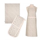 grey heart apron, tea towel and double oven glove set made from organic cotton