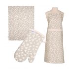 kitchen apron, tea towel and oven glove with pale grey and white heart pattern