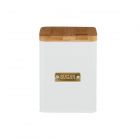 white and gold sugar canister made from steel and bamboo