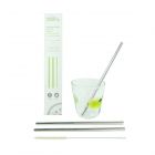 Cardboard box containing 2 stainless steel straws, suitable for most drinks, an eco-friendly alternative to plastic straws