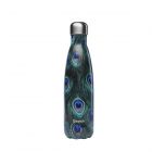 Stainless steel water bottle with peacock inspired print
