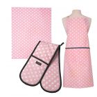 Dexam Polka Apron, Tea Towel & Double Oven Glove Set - Blush Pink