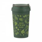 Wheat husk eco-friendly travel mug in a dark green with leaf design and text
