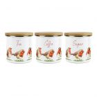 set of three kitchen storage canisters made from enamel with a robin design