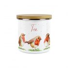 a robin print kitchen tea storage canister made from enamel and bamboo
