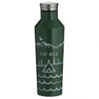 Camping themed illustration water bottle in khaki green and silver screw cap