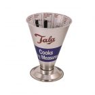 silver metal cone shaped dry cook's measure with blue labelling