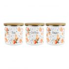 set of three enamel kitchen tea coffee and sugar storage canisters with a painted tangerines design