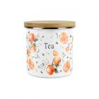 white enamel kitchen tea storage canister with a bamboo lid, decorated with orange tangerines and white flowers