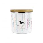 an enamel tea canister with a vintage cutlery design