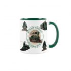 green and white ceramic mug with a vintage steam train design