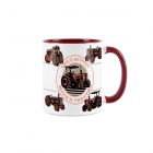 red and white ceramic mug with a vintage tractor design