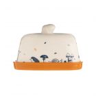 High-quality ceramic butter dish featuring a woodland themed design and acorn-shaped handle.