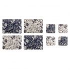 8-piece tableware set consisting of 4 placemats and 4 coasters featuring woodland themed illustrations in midnight blue and cream colours.