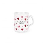 White ceramic mug with knitted pink and red hearts design, and caption 'I wool always love ewe'