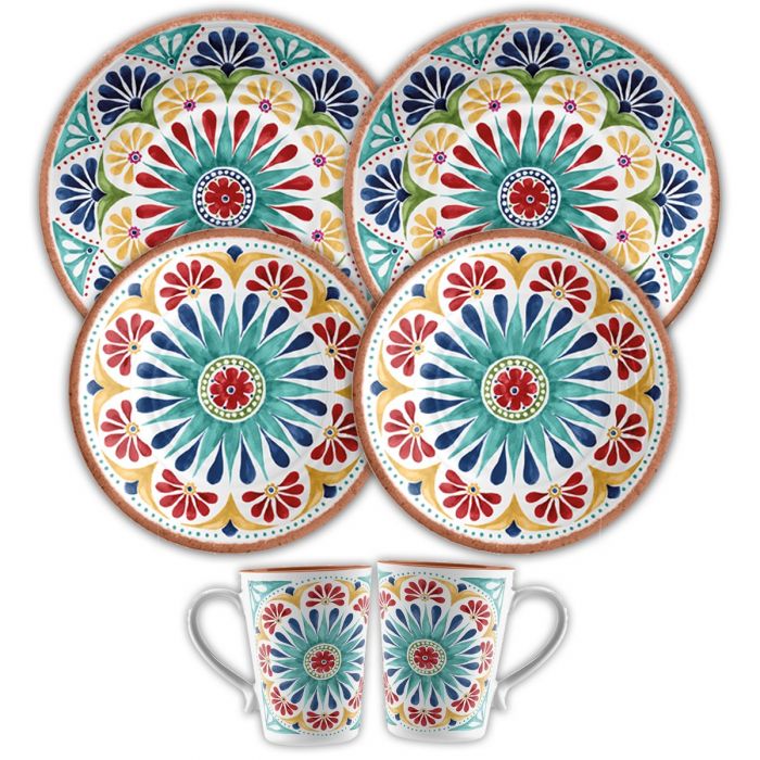 Rio Medallion Melamine Dinner Side Plates Set with Mugs Auntie