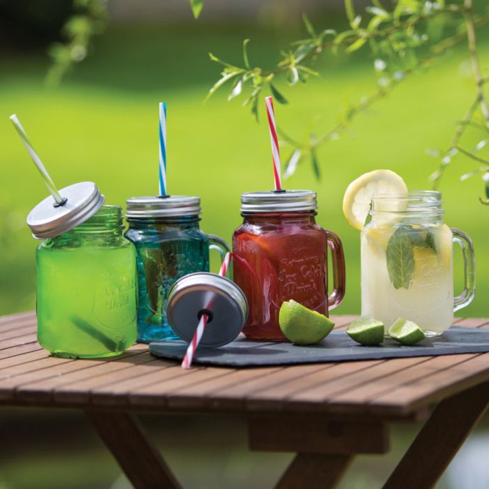 KitchenCraft Coloured Glass Drinks Mason Jar with Straw Green