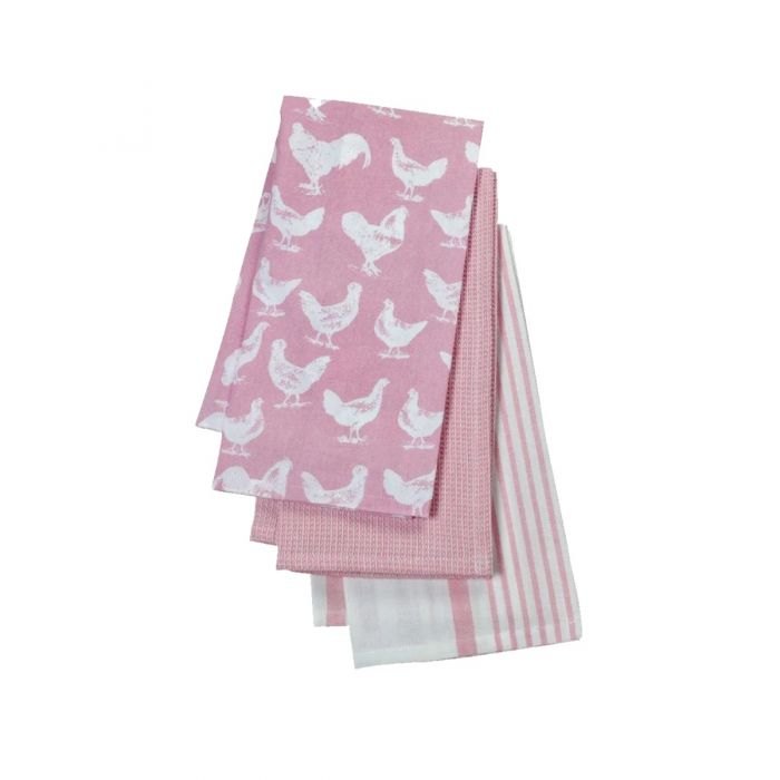 Eddingtons The Pantry Hen Cockerel Pink Tea Towels Set Of 3