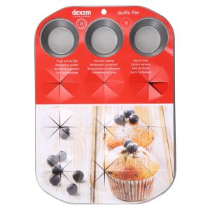 12 hole muffin pan featuring a non-stick coating for easy removal and easy cleaning.