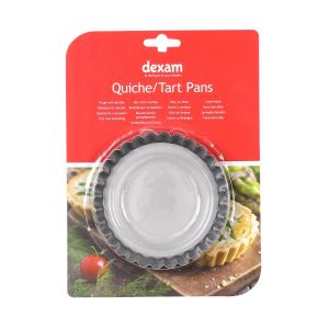 Set of 4 small quiche or tart baking tins, made from rolled steel with a non-stick coating.