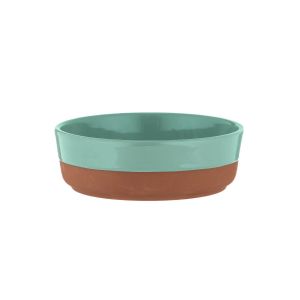 15cm terracotta tapas dish featuring an aqua blue coloured dipped glaze.