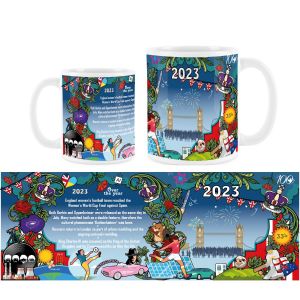 a blue & white ceramic mug listing key events from 2023, with cartoon images