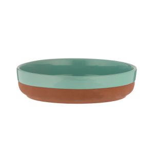 21cm round terracotta tapas dish featuring an aqua blue coloured dip glaze.