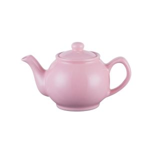 a two cup sized round pink teapot, with a non drip spout