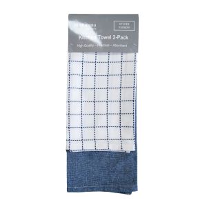 set of two cotton tea towels with blue and white checked design