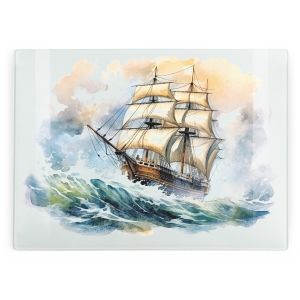 Purely Home Large Rectangular Glass Chopping Board - Sailing Ship
