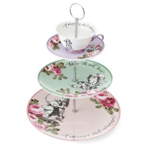 Fine china 3 tier cake stand with alice in wonderland illustrations.