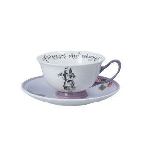 Fine bone china teacup and saucer set with Alice in wonderland illustrations.