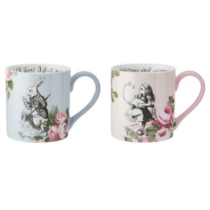 Set of his and hers blue and pink bone china mugs, with Alice in wonderland illustrations.
