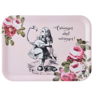 Large pastel pink rectangular melamine serving tray with pink flower and Alice in wonderland illustrations.