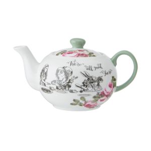 Gift boxed mini fine china teapot featuring Alice in wonderland illustrations.