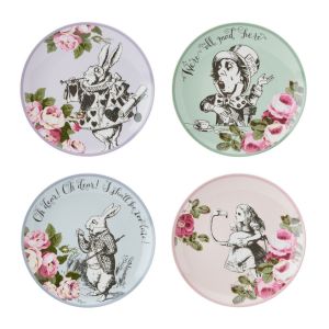 Set of 4 colourful bone china side plates, featuring Alice in wonderland illustrations.