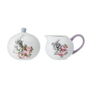 Fine china sugar bowl and creamer drinkware accessories set featuring Alice in wonderland illustrations.