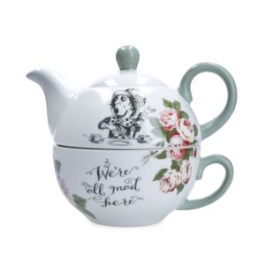 Fine china tea for one set including a mini teapot and tea cup, with Alice in wonderland sketches.