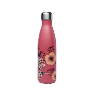 Crimson coloured metal water bottle with floral print