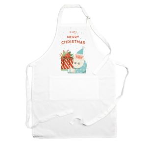 a white polyester kitchen apron with a novelty santa & cake design