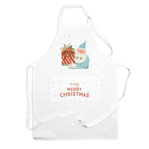 a white polyester kitchen apron with a novelty santa & cake design