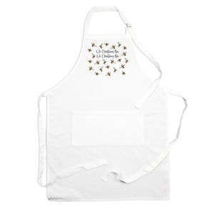 a white bee print polyester apron with santa hats and scarves