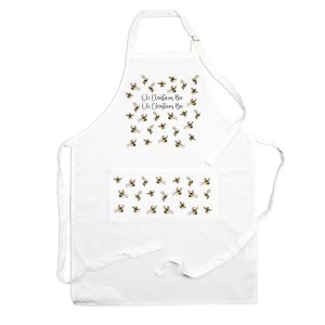 a white bee print polyester apron with santa hats and scarves