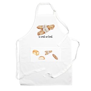 a novelty polyester kitchen apron with an image of two baguettes and joke text reading 'in crust we trust'