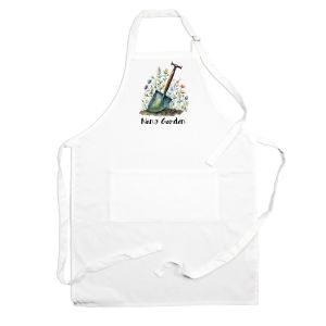 white polyester gardening gift apron for your nan with a garden spade & floral print