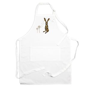 white polyester kitchen cooking apron with a painted hare design, amongst dandelions