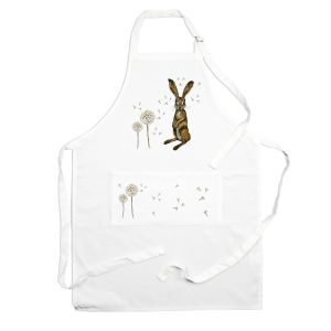 white polyester kitchen cooking apron with a painted hare design, amongst dandelions