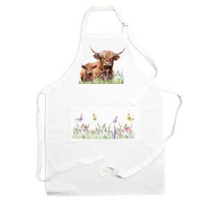 a highland cow print white polyester kitchen apron for cooking and baking