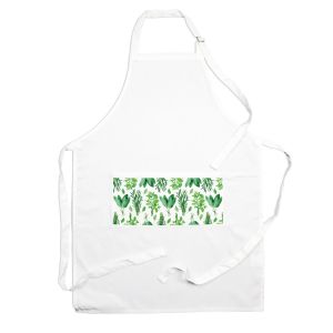 white polyester kitchen apron with a green herb print pocket